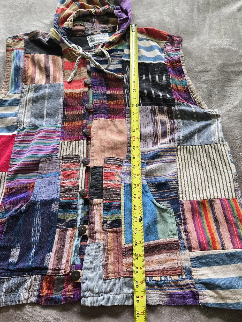 Patchwork Hooded Button Front Vest - Multicolor
